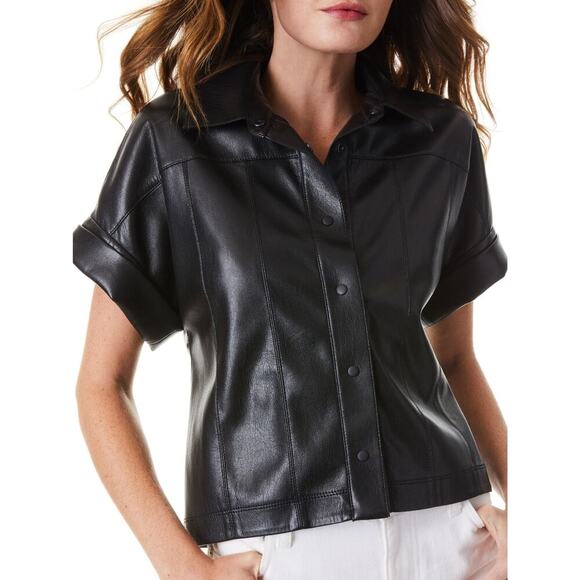 alice + olivia EDYTH VEGAN TOP Black Size S Button Up Shirt Jacket Short Sleeve - Picture 4 of 11